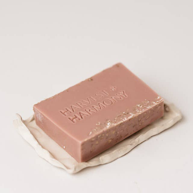 Harvest + Harmony Honey Oatmeal Goat Milk Soap on Soap Dish