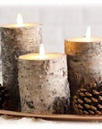 LED Wax Candles Wrapped in Natural Bark / Set of 3