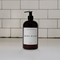 16oz Amber Plastic Body Wash Dispenser - White Text Label