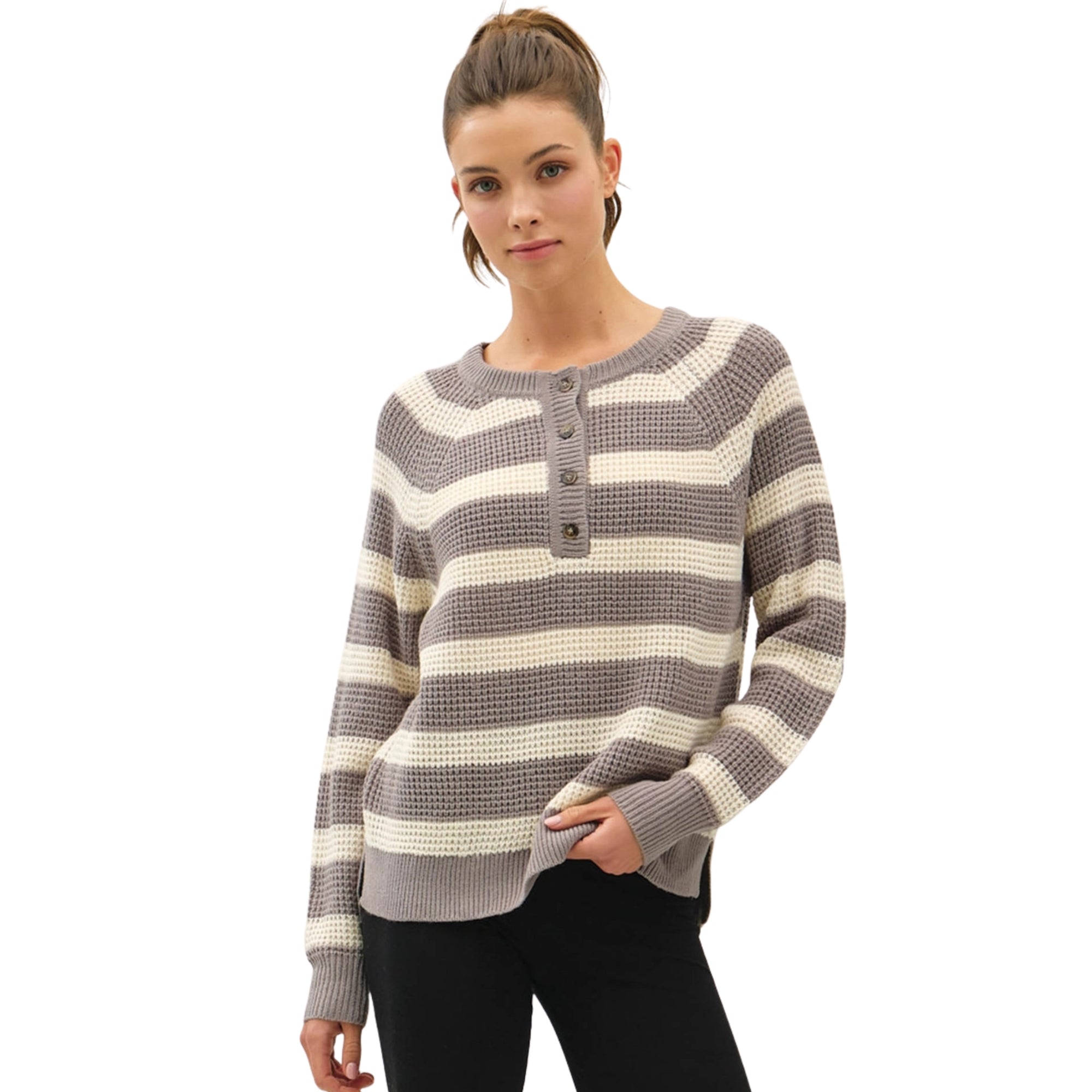 Henley Button Waffle Knit Sweater
