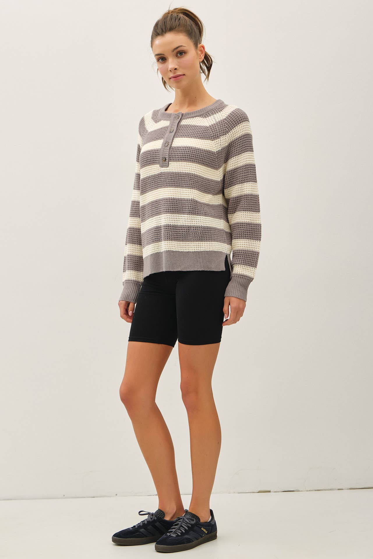 Henley Button Waffle Knit Sweater