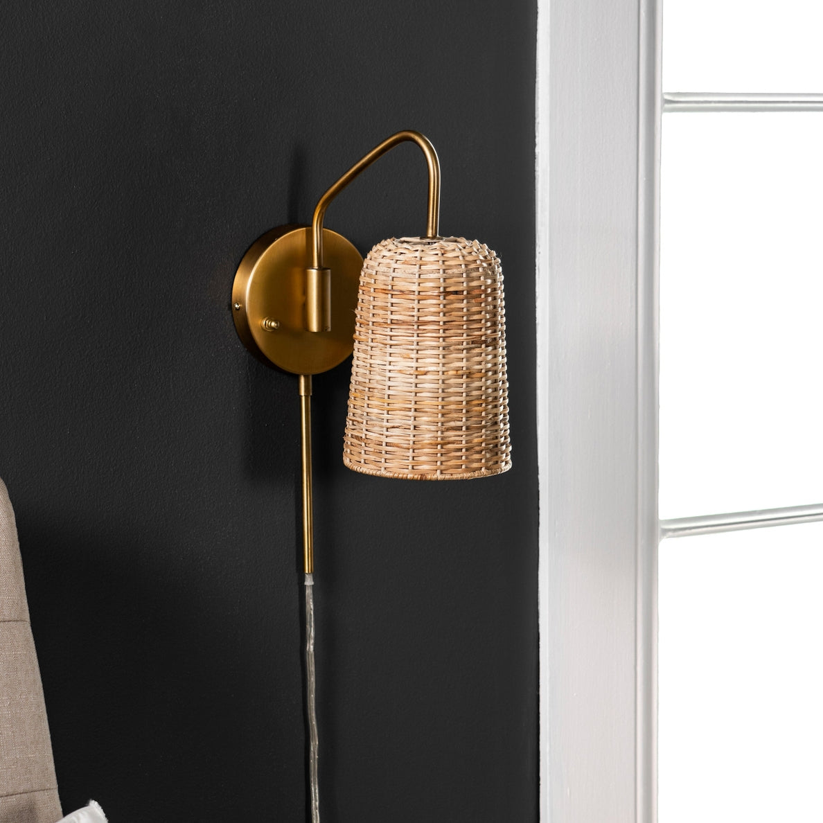 16-inch Brass and Rattan Wall Sconce