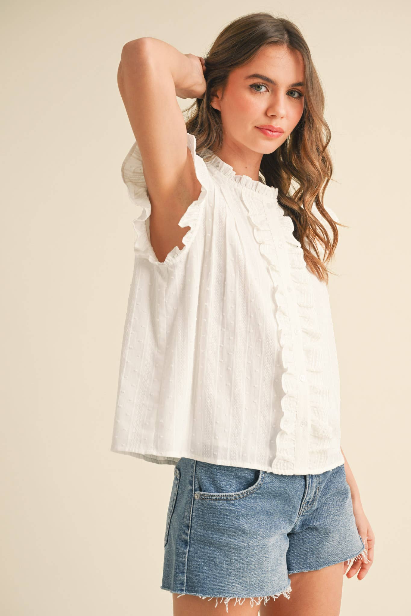 RUFFLE TRIM BUTTON DOWN TOP MTP4012 - Cloth + Cabin