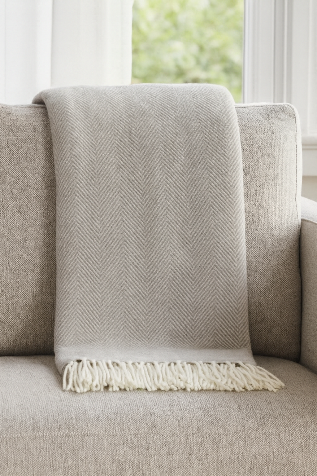 Grey Herringbone Fringed Throw Blanket