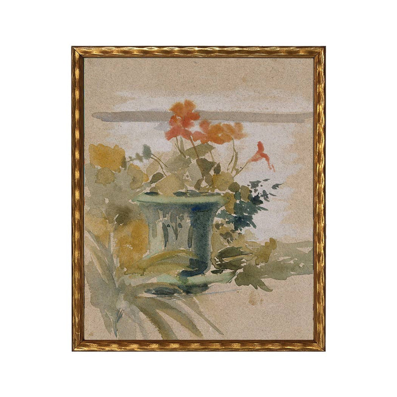 Vintage Oil Painting of Orange Flowers in Green Vase