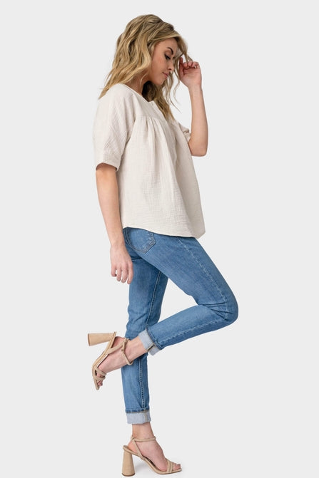 Rose Cotton Gauze Henley Top