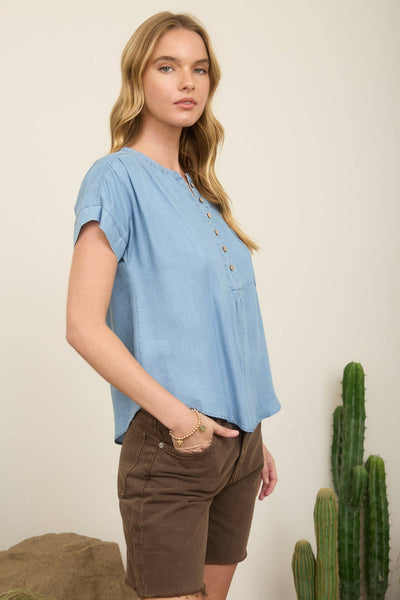 Giovanna Henley Ruched Shoulder Short Sleeve Top