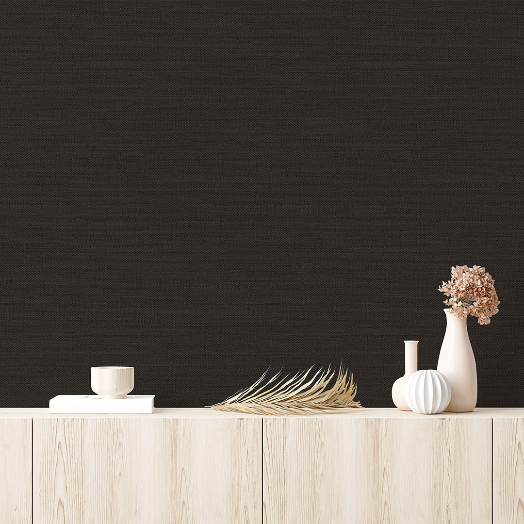 Horizontal Grasscloth Black Peel and Stick Wallpaper