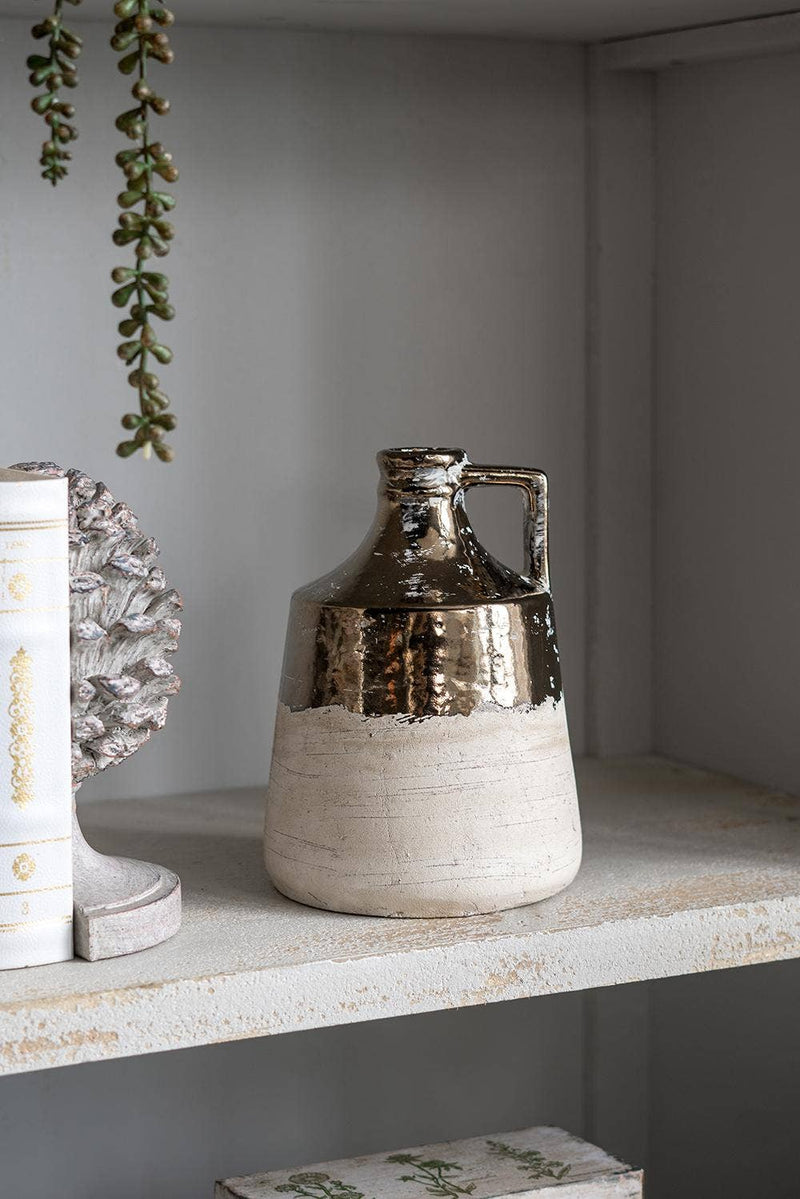 Terracotta Jug Vase w/ Metallic Bronze & Natural Tan