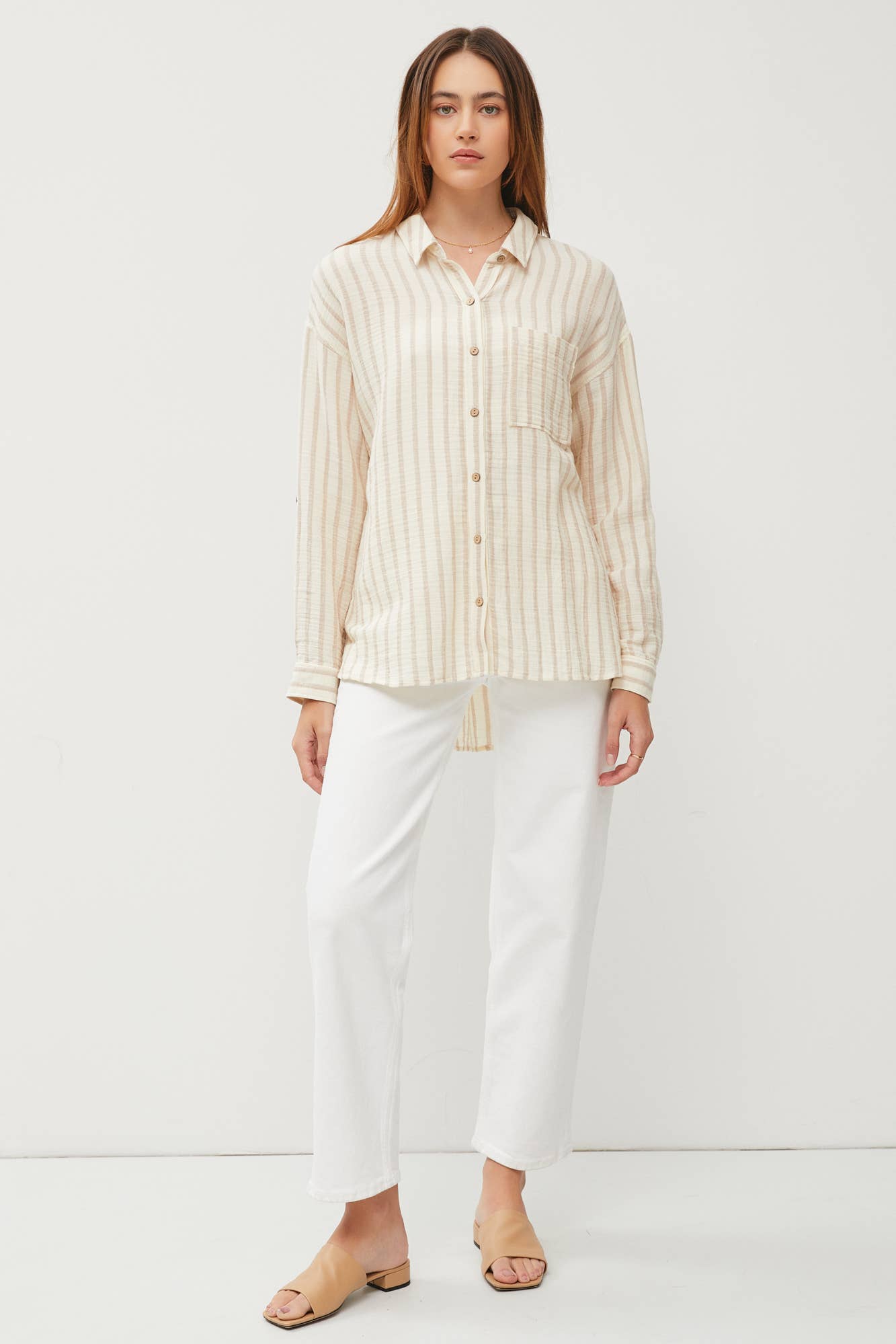 Ellen Striped Roll Sleeve Button Gauze Shirt