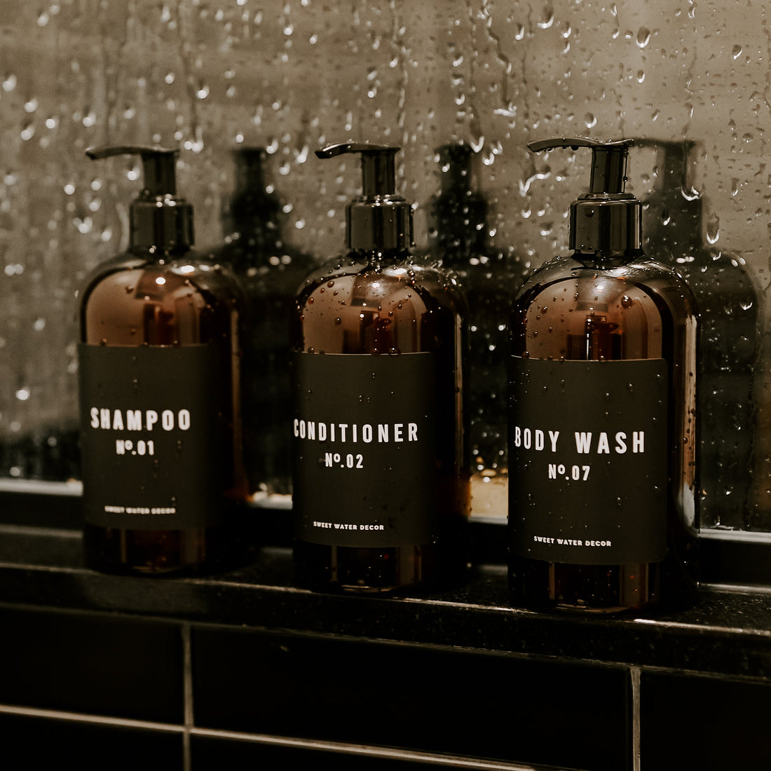 16oz Amber Plastic Bath + Shower Dispenser Set of 3 - Black Label