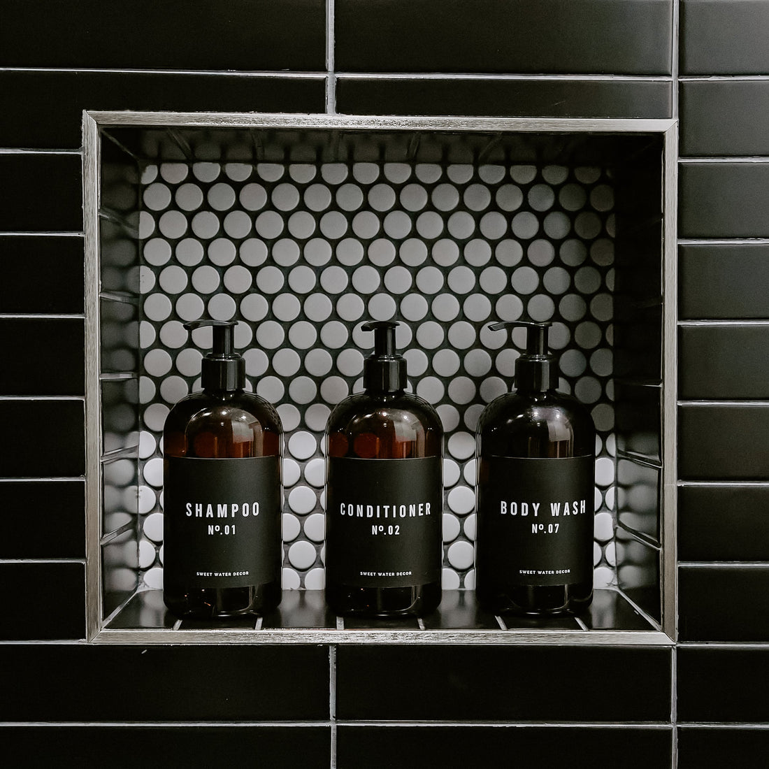 16oz Amber Plastic Bath + Shower Dispenser Set of 3 - Black Label
