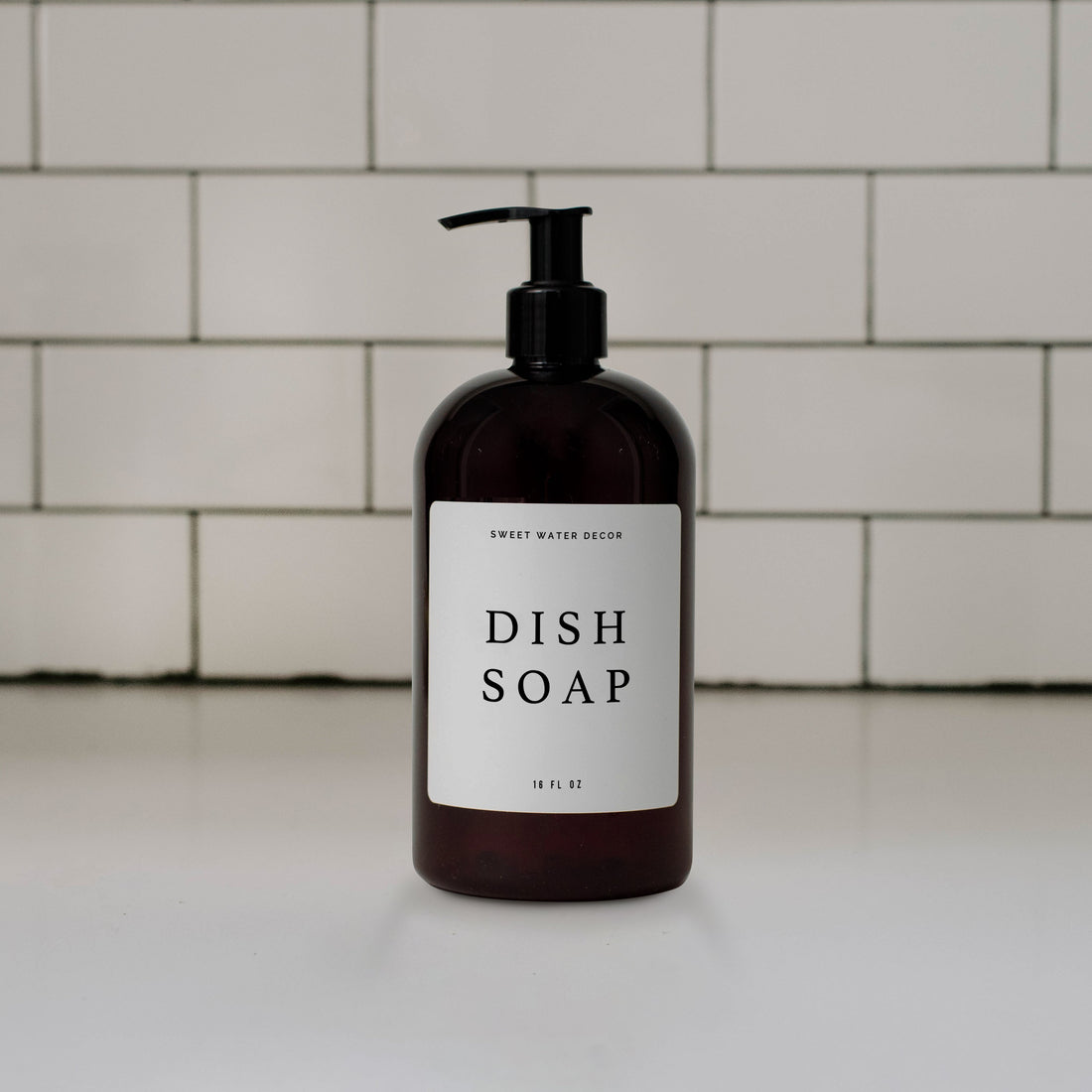 16oz Amber Plastic Dish Soap Dispenser - White Text Label
