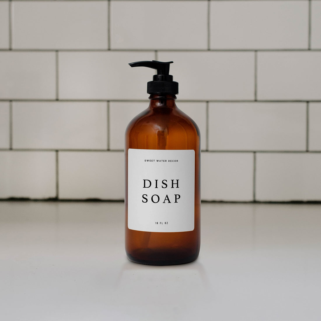 Amber Glass Dish Soap Dispenser / White  Label