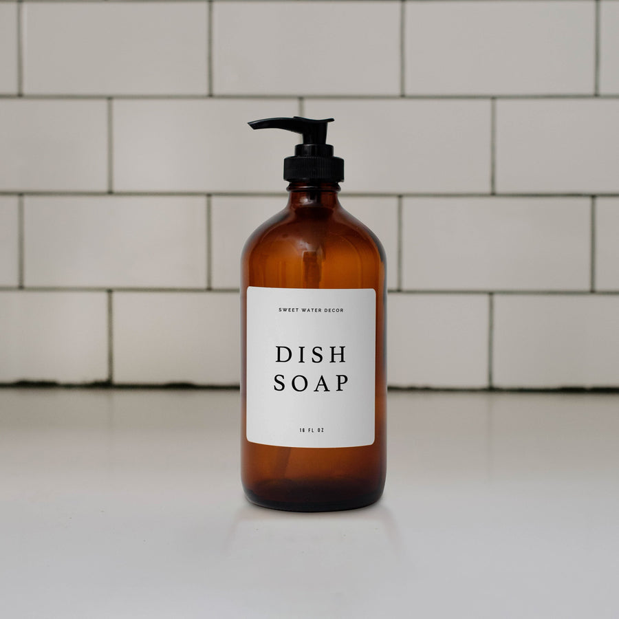 Amber Glass Dish Soap Dispenser / White  Label