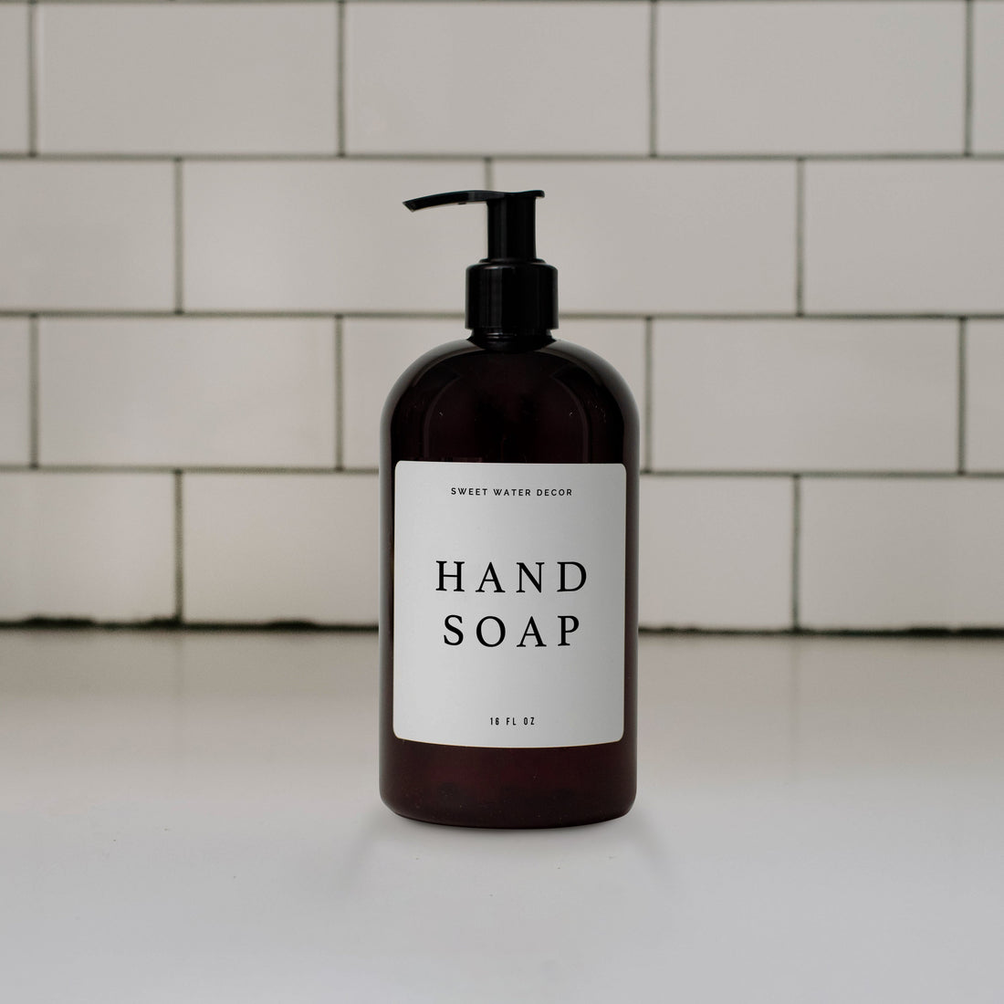 16oz Amber Plastic Hand Soap Dispenser - White Text Label