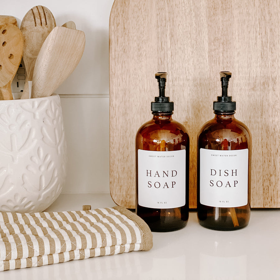Amber Glass Hand Soap Dispenser / White Text Label