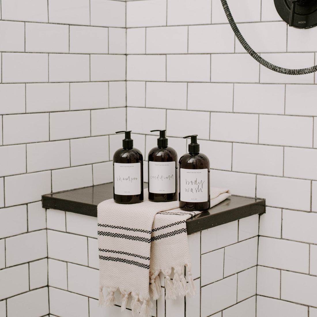 16oz Amber Plastic Bath + Shower Dispenser Set of 3 - White Label