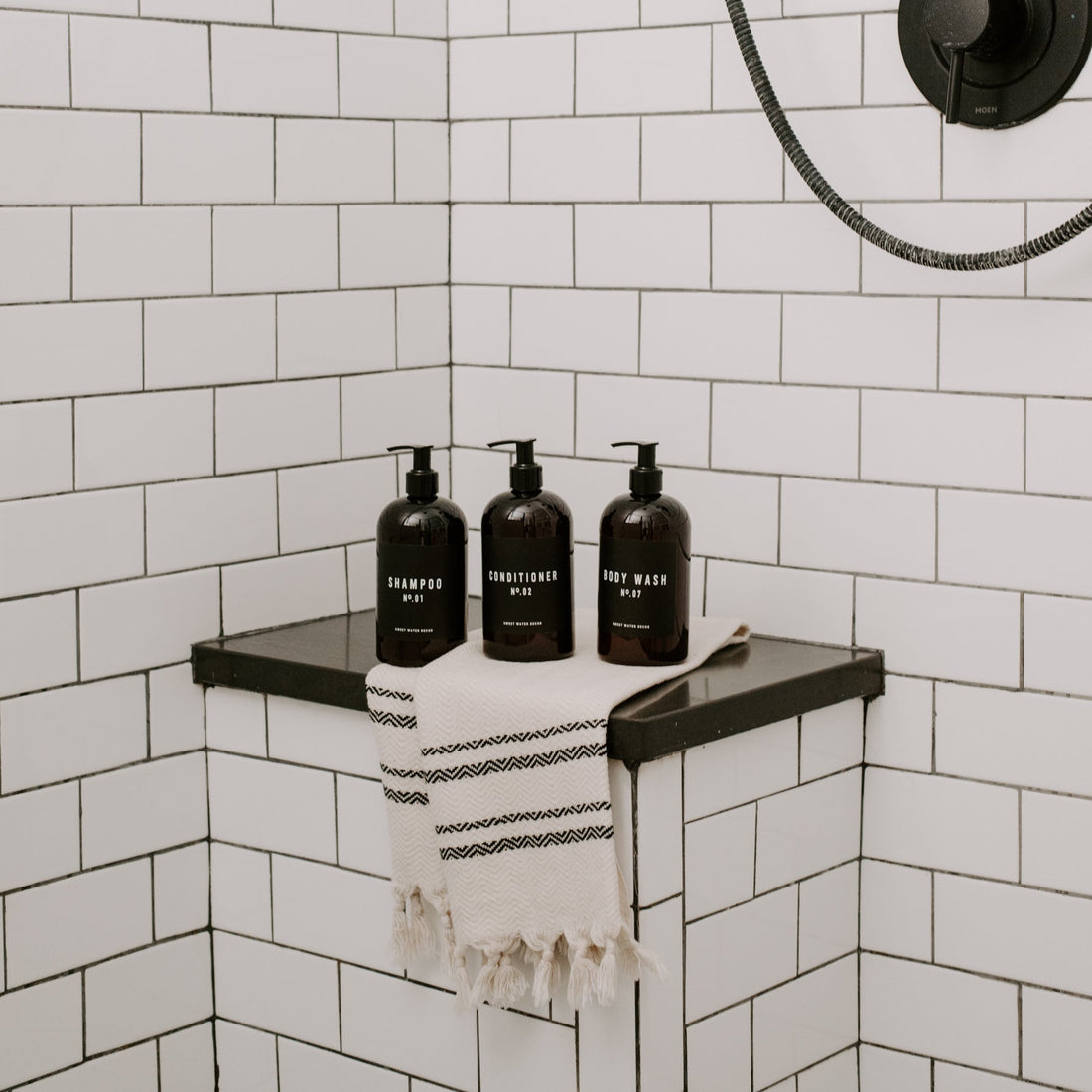 16oz Amber Plastic Bath + Shower Dispenser Set of 3 - Black Label