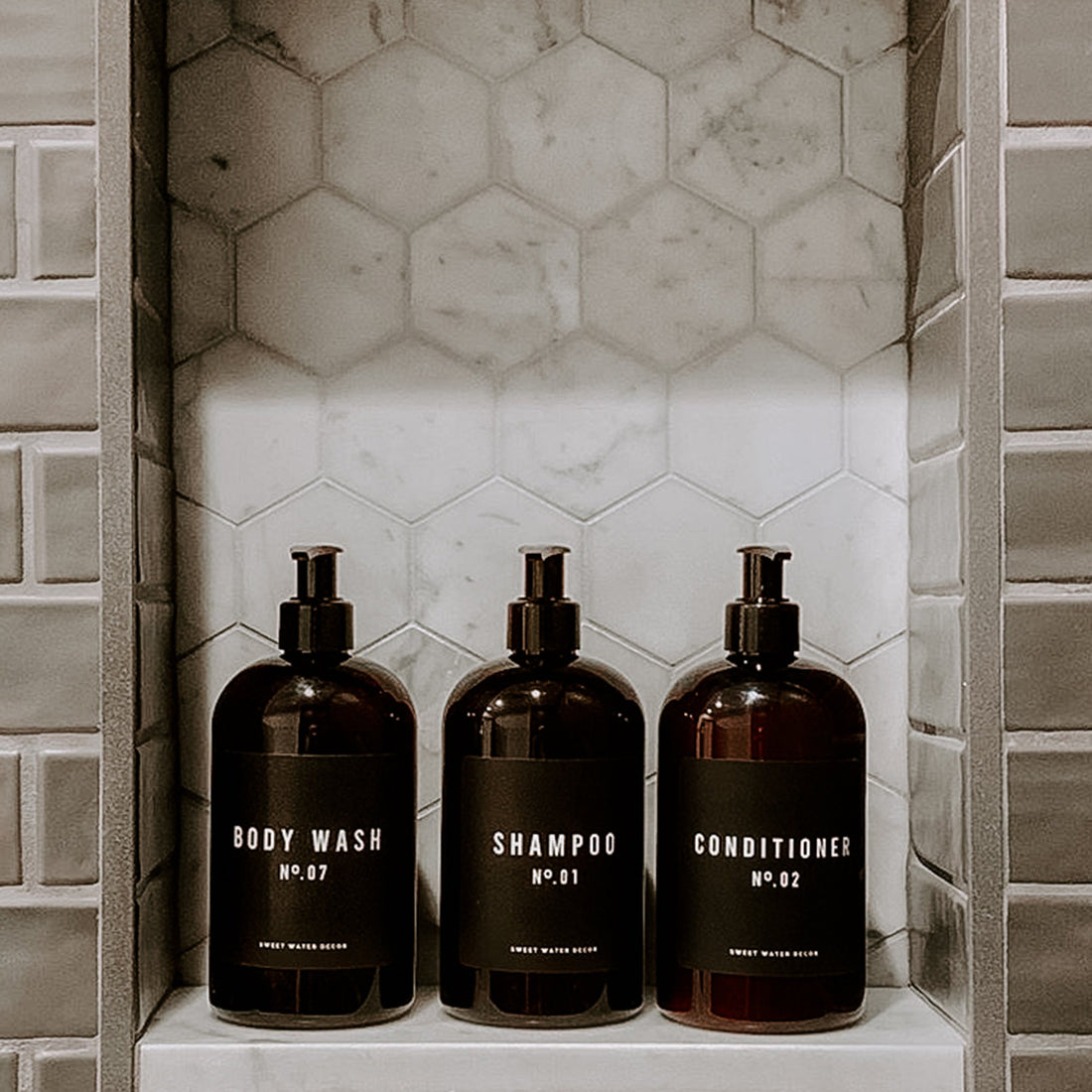 16oz Amber Plastic Bath + Shower Dispenser Set of 3 - Black Label