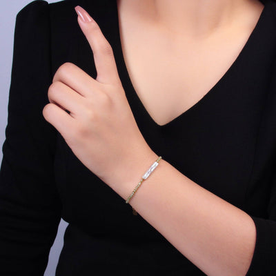 Stainless Steel Biwa Freshwater Pearl Multifaceted Crystal Gemstone 7 Inch Bracelet