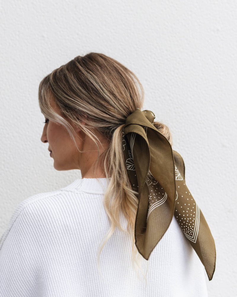 Classic Deep Olive Floral Western Silk Bandana Scarf