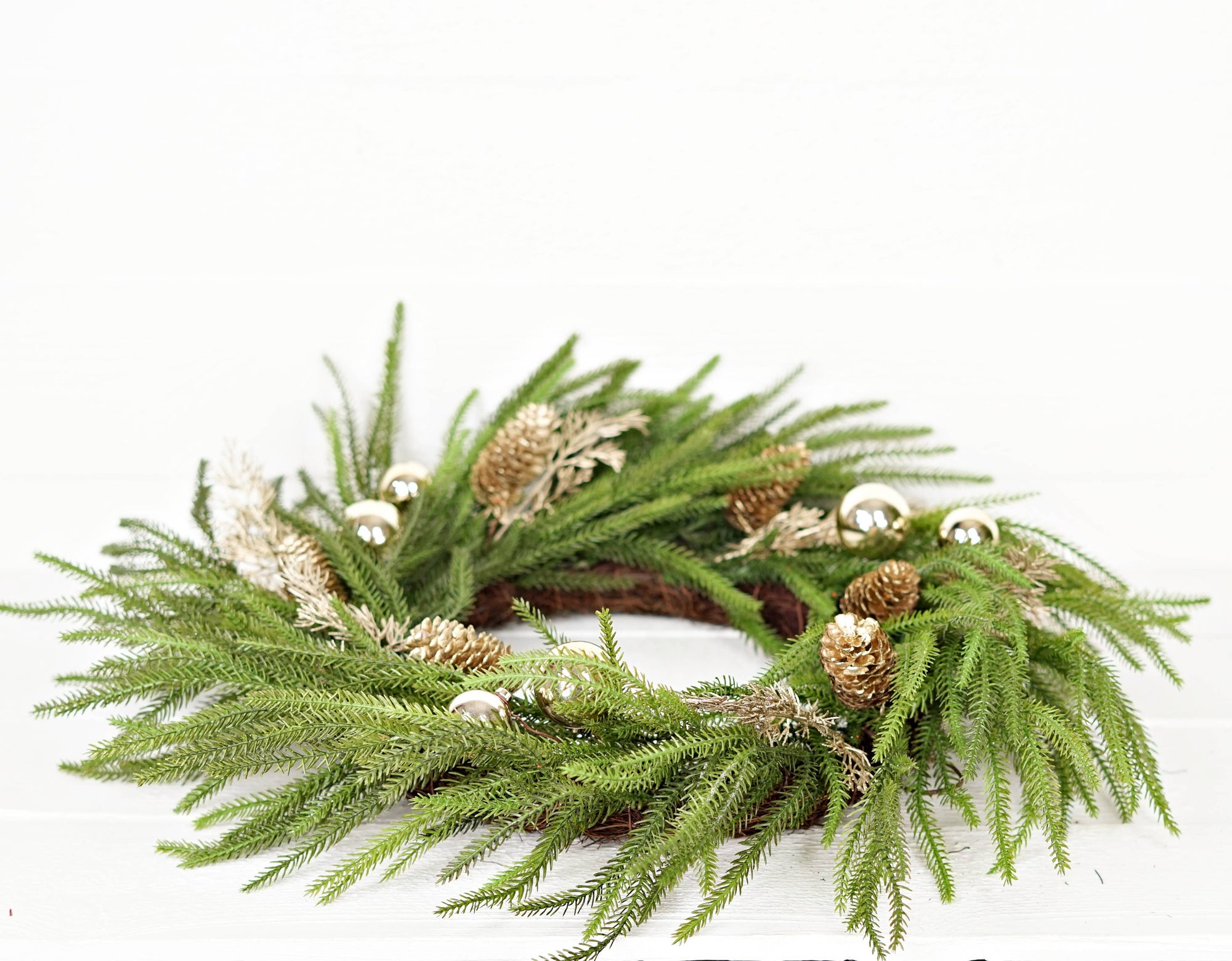 24in Twig Wreath Golden Holiday Norfolk Pine
