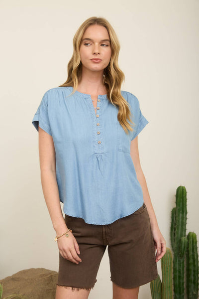 Giovanna Henley Ruched Shoulder Short Sleeve Top
