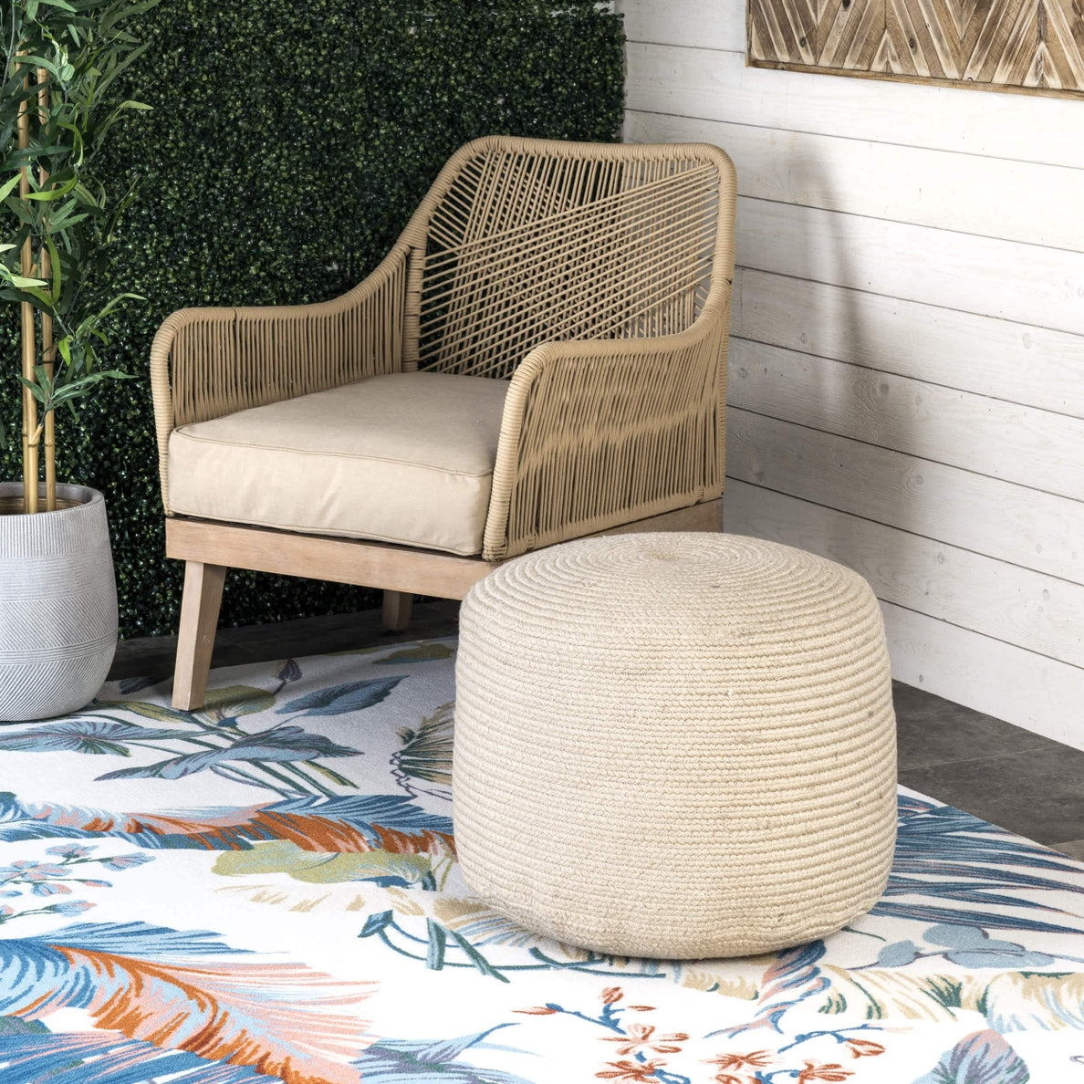 Braided Indoor/Outdoor Filled Ottoman Pouf