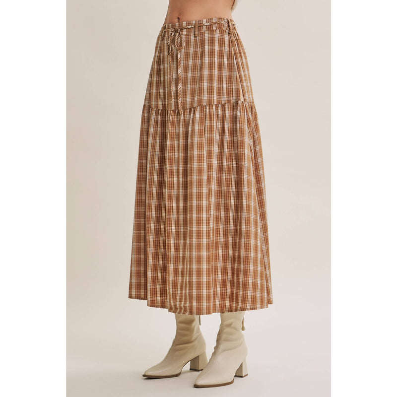Monica Prairie Afternoon Flared Plaid Maxi Skirt with Waist Belt