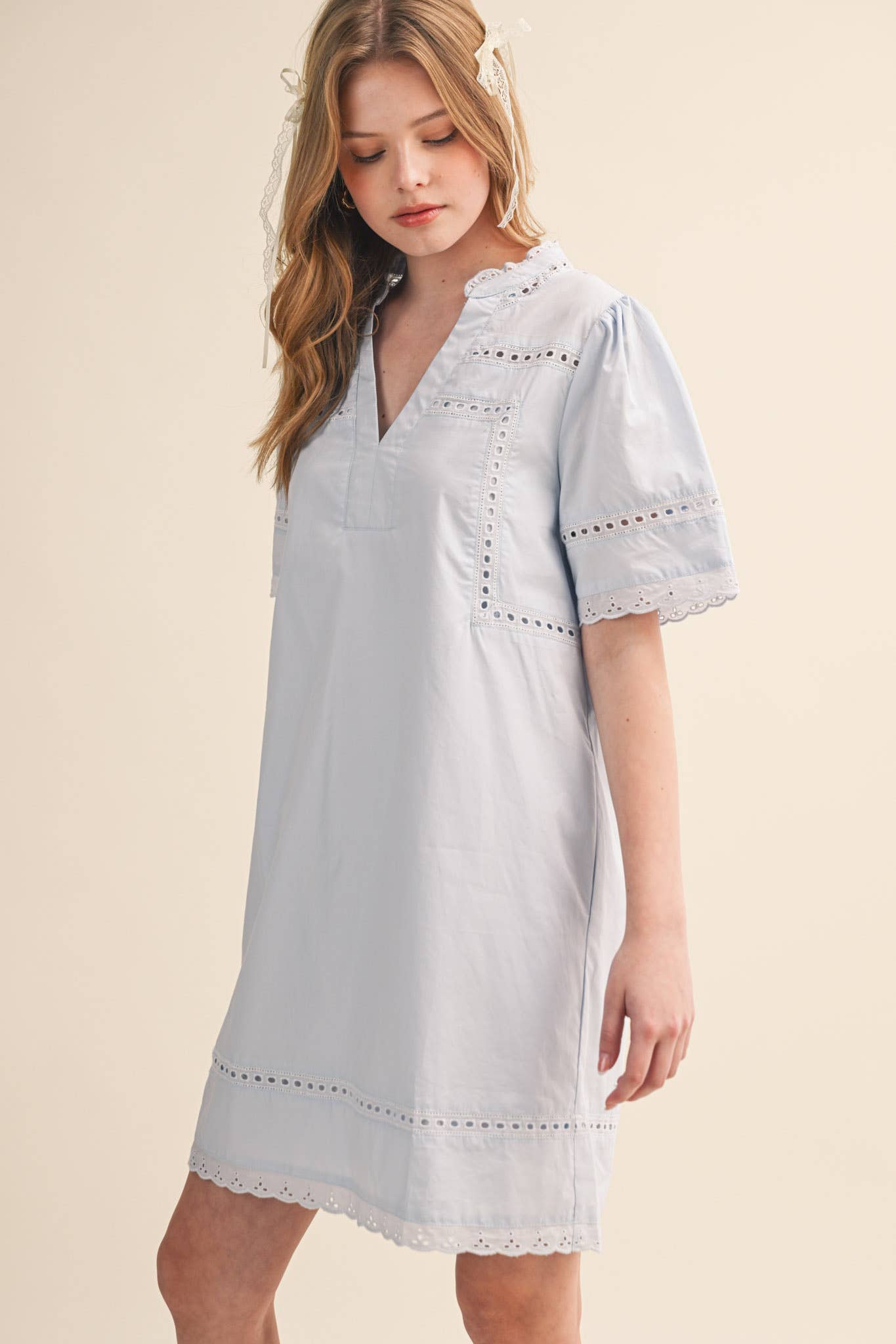 LACE TRIM SHORT SLEEVE TUNIC DRESS MDR4659 - Cloth + Cabin