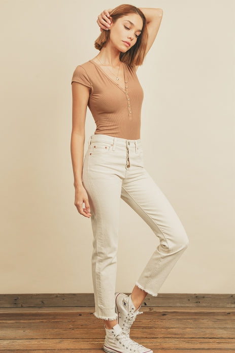 Cap Sleeve Henley Bodysuit / Sand