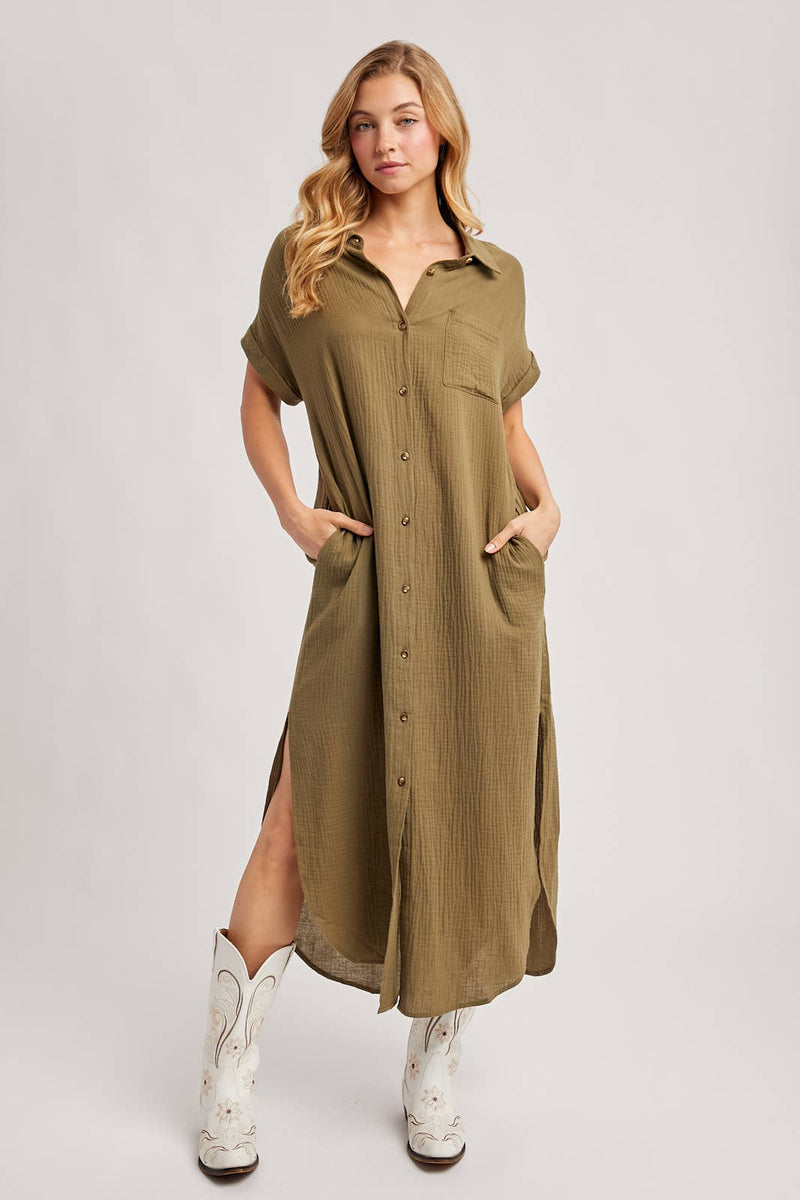 Aubree Button Up Maxi Shirt Dress with Pocket