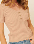 Megan Ribbed Knit V Neck Button Front Sweater Top
