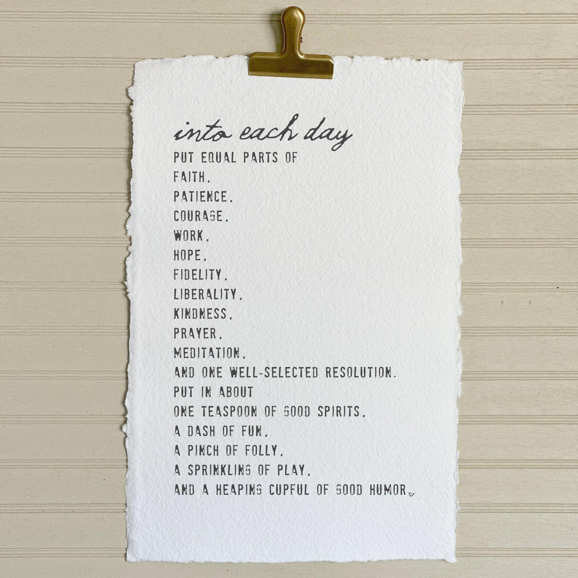 Handmade Paper Print, Recipe for Life Inspirational Sign - Cloth + Cabin