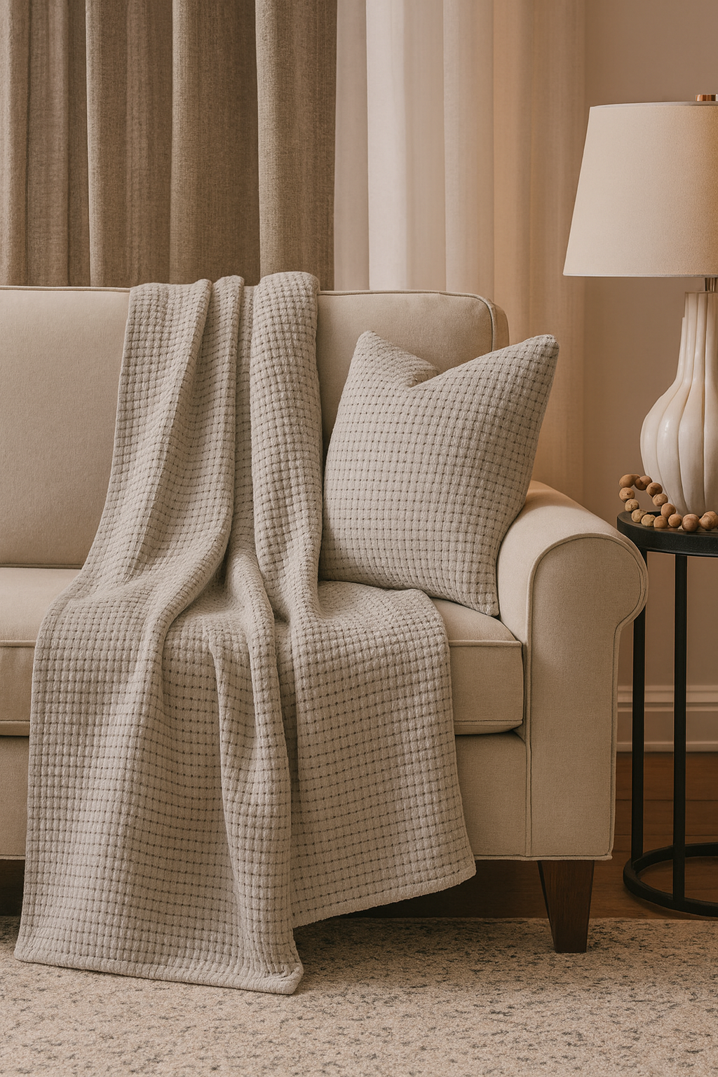Grey Pure Cotton Line-Stitch Throw Blanket