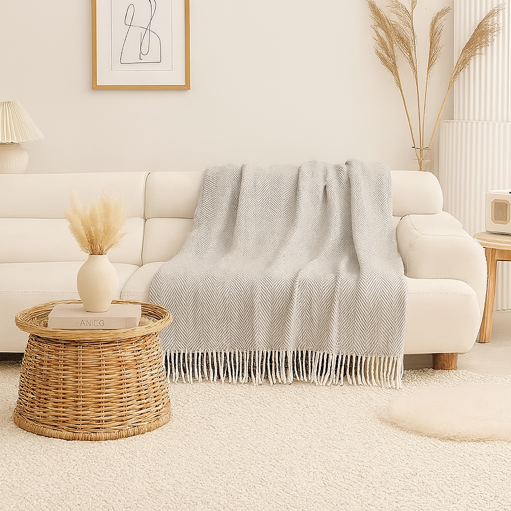 Grey Herringbone Fringed Throw Blanket