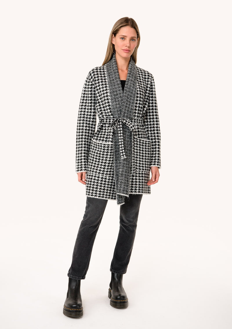 Kaliyah Houndstooth Long Sleeve Belted Shawl Cardigan