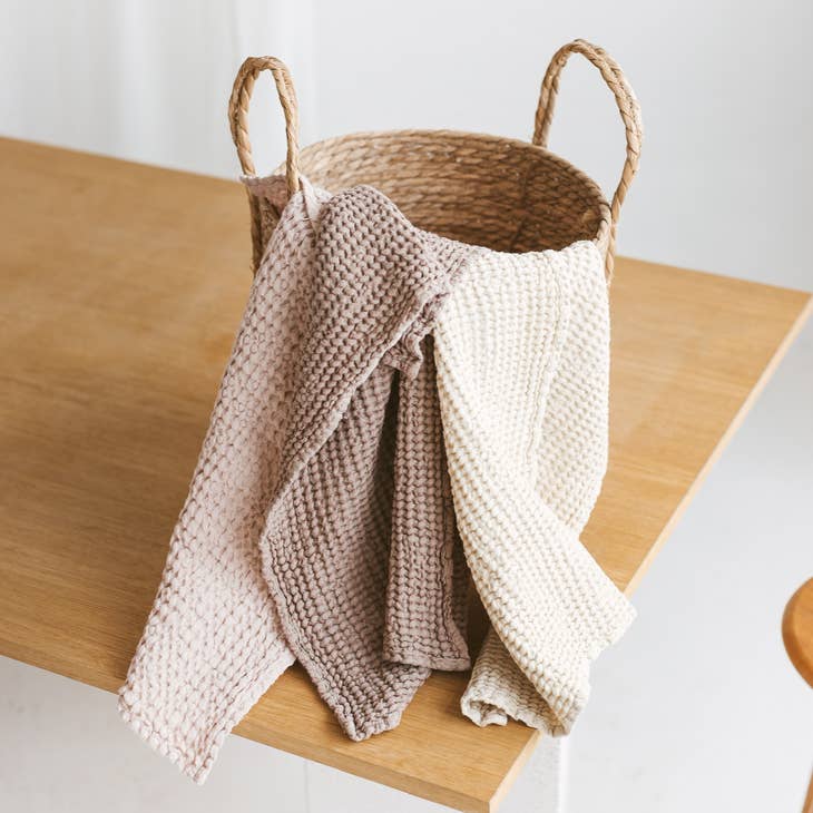 Waffle Weaved Melange Linen Hand & Face Towel- Dark Beige