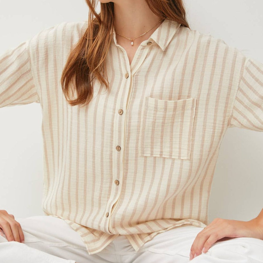 Ellen Striped Roll Sleeve Button Gauze Shirt